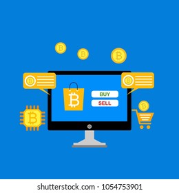 Blockchain scheme, mining crypto currency, server room, powered computers, data processing, money transaction in internet vector technology