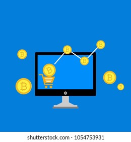 Blockchain scheme, mining crypto currency, server room, powered computers, data processing, money transaction in internet vector technology