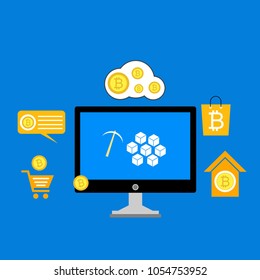 Blockchain scheme, mining crypto currency, server room, powered computers, data processing, money transaction in internet vector technology