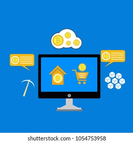 Blockchain scheme, mining crypto currency, server room, powered computers, data processing, money transaction in internet vector technology