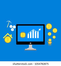Blockchain scheme, mining crypto currency, server room, powered computers, data processing, money transaction in internet vector technology
