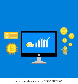 Blockchain scheme, mining crypto currency, server room, powered computers, data processing, money transaction in internet vector technology