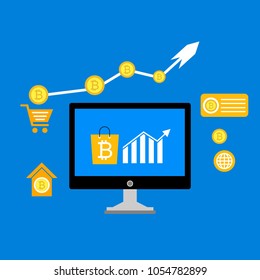Blockchain scheme, mining crypto currency, server room, powered computers, data processing, money transaction in internet vector technology