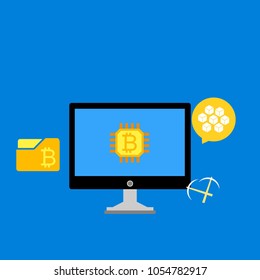 Blockchain scheme, mining crypto currency, server room, powered computers, data processing, money transaction in internet vector technology