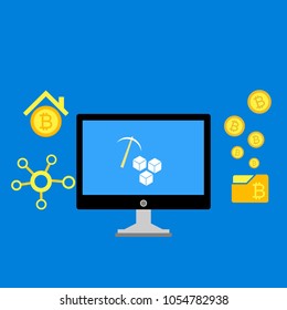 Blockchain scheme, mining crypto currency, server room, powered computers, data processing, money transaction in internet vector technology