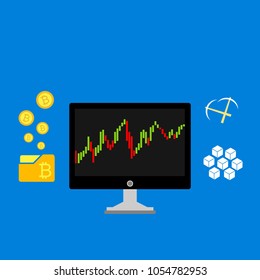 Blockchain scheme, mining crypto currency, server room, powered computers, data processing, money transaction in internet vector technology