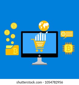 Blockchain scheme, mining crypto currency, server room, powered computers, data processing, money transaction in internet vector technology