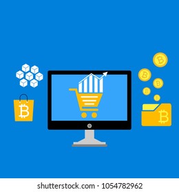 Blockchain scheme, mining crypto currency, server room, powered computers, data processing, money transaction in internet vector technology