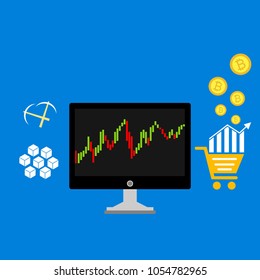 Blockchain scheme, mining crypto currency, server room, powered computers, data processing, money transaction in internet vector technology