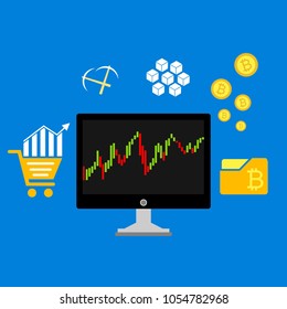 Blockchain scheme, mining crypto currency, server room, powered computers, data processing, money transaction in internet vector technology
