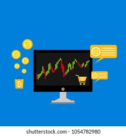 Blockchain scheme, mining crypto currency, server room, powered computers, data processing, money transaction in internet vector technology