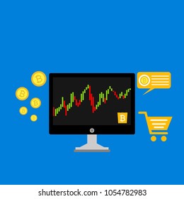 Blockchain scheme, mining crypto currency, server room, powered computers, data processing, money transaction in internet vector technology