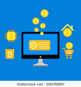 Blockchain scheme, mining crypto currency, server room, powered computers, data processing, money transaction in internet vector technology