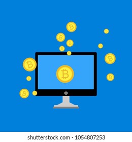Blockchain scheme, mining crypto currency, server room, powered computers, data processing, money transaction in internet vector technology