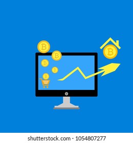 Blockchain scheme, mining crypto currency, server room, powered computers, data processing, money transaction in internet vector technology
