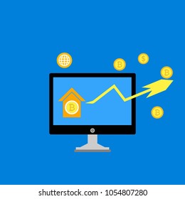 Blockchain scheme, mining crypto currency, server room, powered computers, data processing, money transaction in internet vector technology