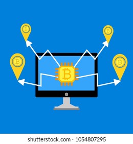 Blockchain scheme, mining crypto currency, server room, powered computers, data processing, money transaction in internet vector technology