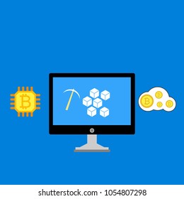 Blockchain scheme, mining crypto currency, server room, powered computers, data processing, money transaction in internet vector technology