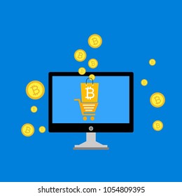 Blockchain scheme, mining crypto currency, server room, powered computers, data processing, money transaction in internet vector technology