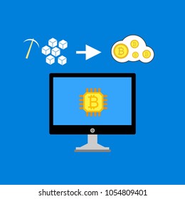 Blockchain scheme, mining crypto currency, server room, powered computers, data processing, money transaction in internet vector technology