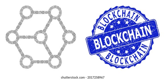 Blockchain scratched round stamp and vector recursive collage blockchain. Blue stamp includes Blockchain title inside round shape. Vector mosaic is constructed of recursive blockchain items.