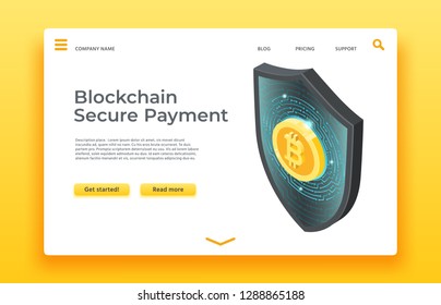 Blockchain secure payment landing page. Isometric shield vector web design. Cryptocurrency money mining farm security or data exchange secure page vector illustration