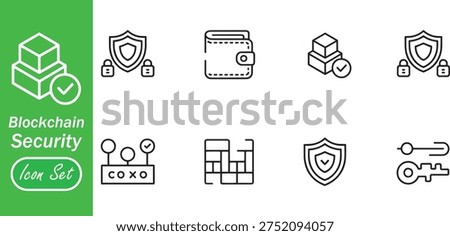 Blockchain Security and Data Privacy Protection Icon Set: Cryptocurrency Wallet, Secure Shield, and Digital Encryption Symbols