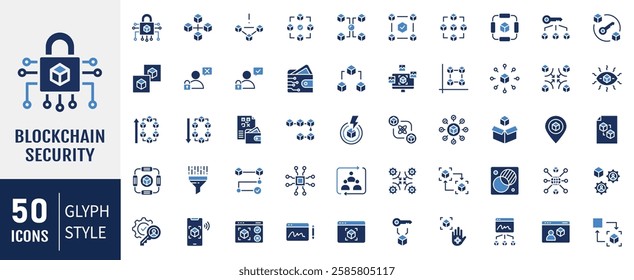 Blockchain security flat icon set. Containing as cryptography, encryption, decentralization, consensus, hash function and more. Vector illustration.