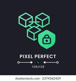 Blockchain security green solid gradient desktop icon on black. Risk management system. Fraud prevention. Pixel perfect 128x128, outline 4px. Glyph pictogram for dark mode. Isolated vector image