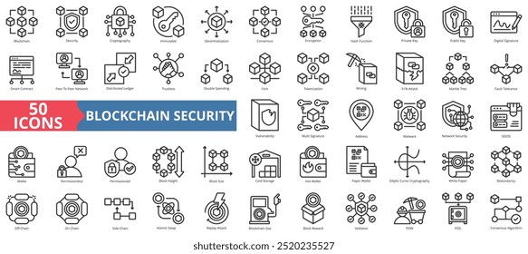 Symbolsammlung für Blockchain-Sicherheit. Enthält Kryptografie, unveränderliche, Dezentralisierung, Konsens, Verschlüsselung und Hash-Funktion Symbol. Einfache Linienvektorgrafik.