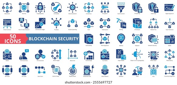 Blockchain security icon collection set. Containing cryptography, immutable, decentralization, consensus, encryption, and hash function icon. Simple flat vector illustration.