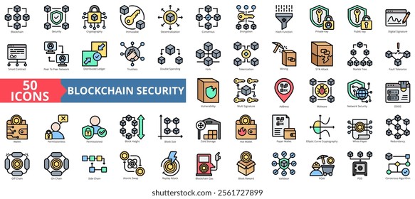 Blockchain security icon collection set. Containing cryptography, immutable, decentralization, consensus, encryption, and hash function icon. Simple flat outline vector illustration