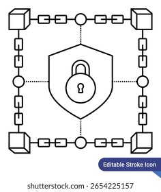 Blockchain security icon - outline stye, editable stroke icon vector showing blockchain chain with lock or shield, representing decentralized security.
