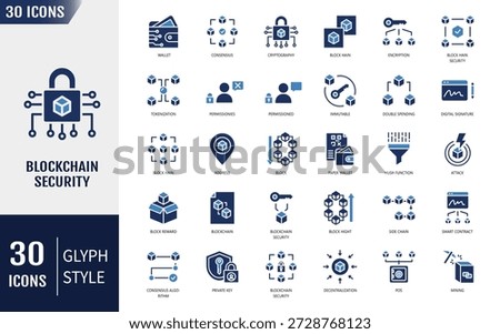 Blockchain security icon set. Cryptography, immutable, decentralization, consensus, encryption and more. Vector illustration