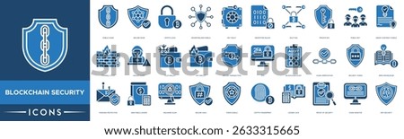Blockchain security Icon set. Shield Chain, Secure Node, Crypto Lock, Decentralized Shield, Key Vault, Encrypted Block, Multi Sig, Private Key and Public Key