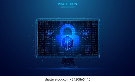 blockchain security technology and binary code on monitor screen. blue low poly style background.