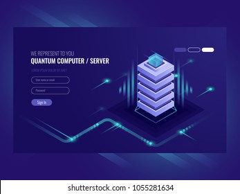 Blockchain server concept, quantum computer, server room, database, information storage and processing isometric vector ultraviolet