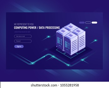 Blockchain server concept, quantum computer, server room, database, information storage and processing isometric vector ultraviolet