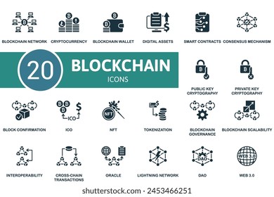 Blockchain set. Creative icons. Monochrome.