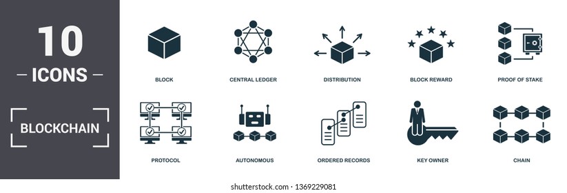 Blockchain set icons collection. Includes simple elements such as Block, Central Ledger, Distribution, Block Reward, Proof Of Stake, Autonomous and Ordered Records premium icons.