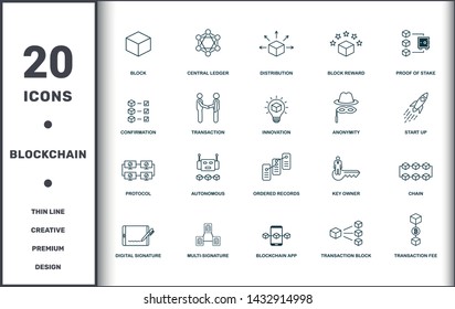 Blockchain set icons collection. Includes simple elements such as Block, Central Ledger, Distribution, Block Reward, Proof Of Stake, Autonomous and Ordered Records premium icons.