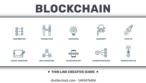 Blockchain set icons collection. Includes simple elements such as Confirmation, Transaction, Innovation, Anonymity, Start Up, Multi-Signature and Blockchain App premium icons.