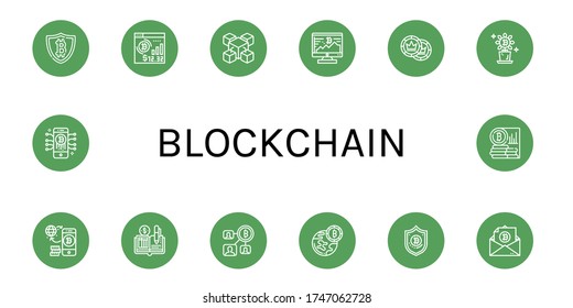 conjunto de iconos simples de blockchain. Contiene iconos como Bitcoin, Blockchain, Tokens, Ledger, que se pueden utilizar para web, móvil y logotipo
