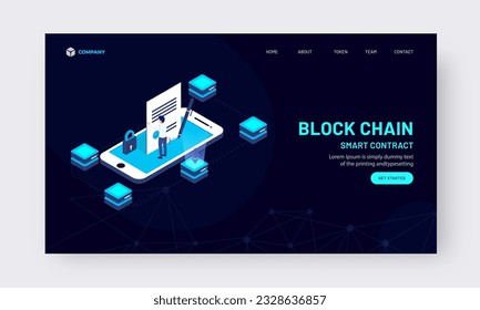 Blockchain Smart Contract Concept Based Landing Page Design in Dark Blue Color.