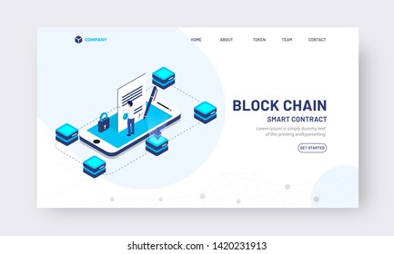 Blockchain Smart contract concept with character working on smartphone. Can be used for banner, infographic and hero image.