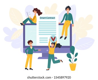 Blockchain smart contract concept with characters. Digital innovation people. Vector illustration