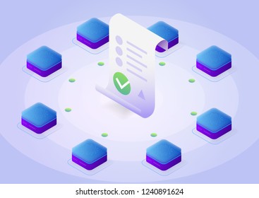 Blockchain, smart contract concept. Online business with digital signature. 3d isometric illustration.