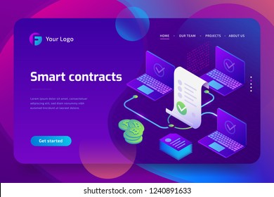 Blockchain, smart contract concept. Online business with digital signature. 3d isometric illustration. Landing page template