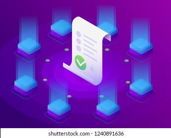 Blockchain, Smart Contract Concept. Online Business With Digital Signature. 3d Isometric Illustration.