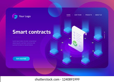 Blockchain, smart contract concept. Online business with digital signature. 3d isometric illustration. Landing page template